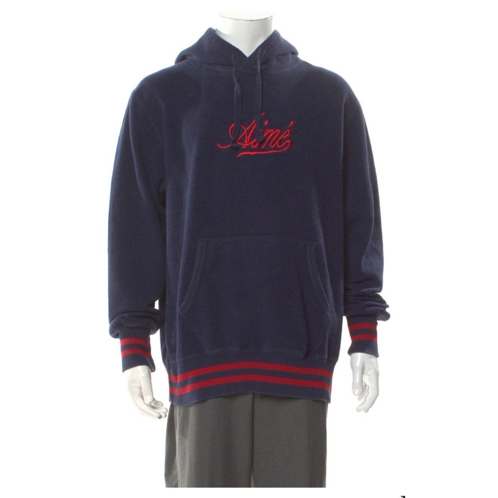 Aime Leon Dore Mens Navy Blue Script Logo Striped Cuff Cotton Hoodie Large